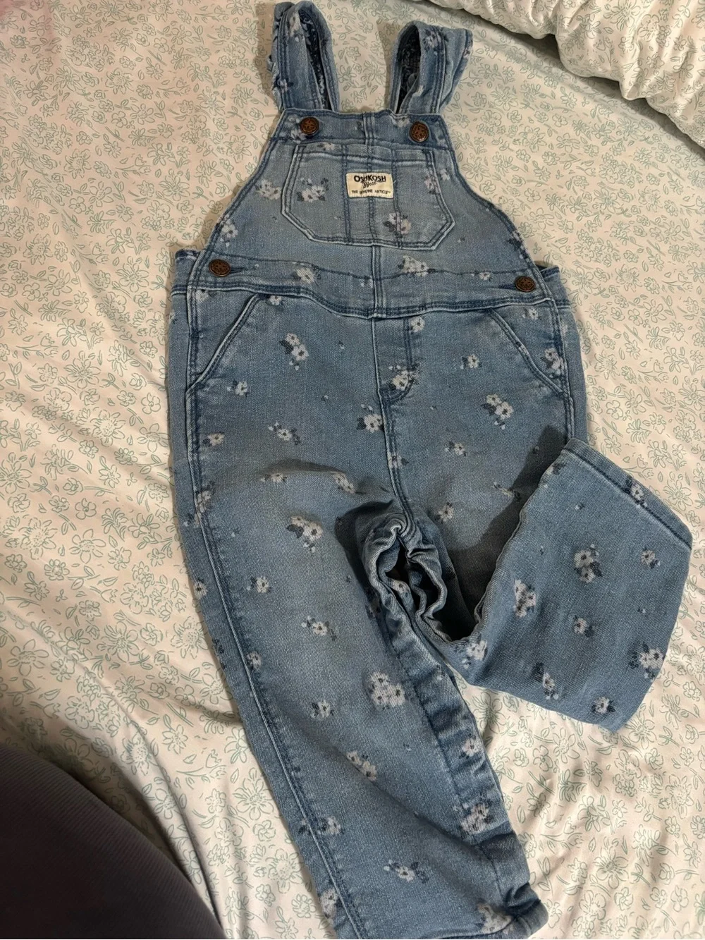 OshKosh B'gosh Light Blue Denim Overalls with Subtle Pink Floral Print